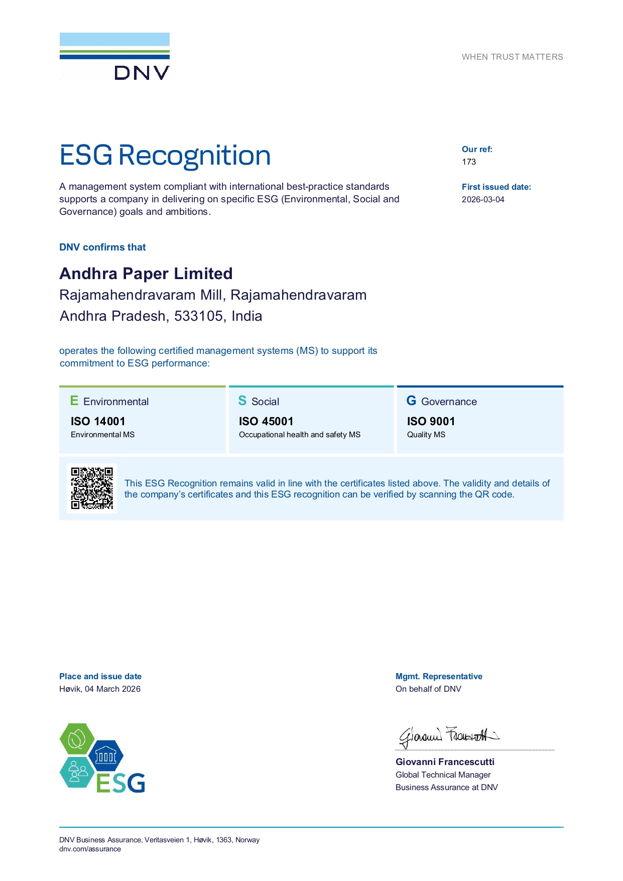 ESG Recognition Certificate